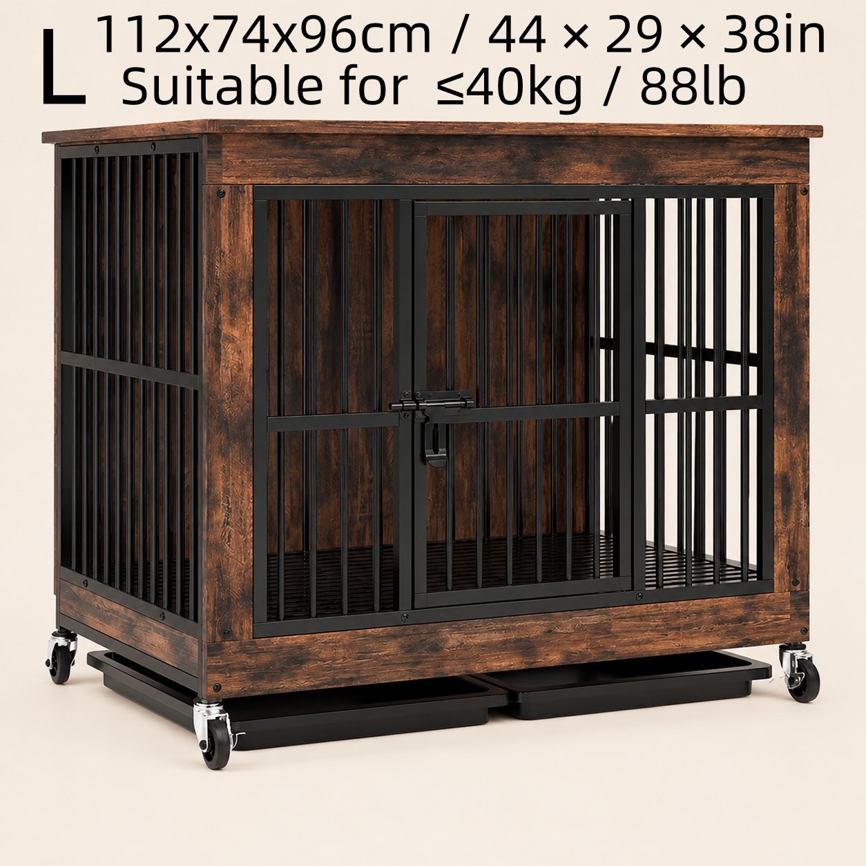 Wooden dog crate with a storage shelf on top and a litter tray