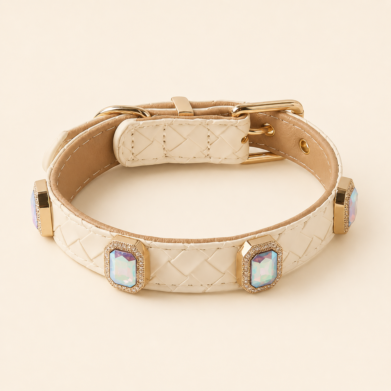 PU leather collar and leash, braided with rhinestone accents