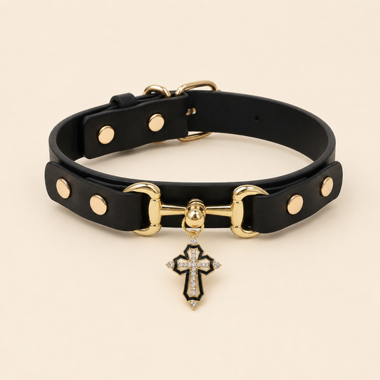Gothic Cross Dog Collar – Black Leather Pendant Necklace for Small Medium Dogs, Religious Christian Pet Supplies,Punk Rock Dog Collar