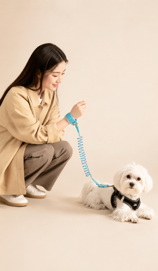 Spring-loaded dog leash, retractable pet leash, wristband-style retractable, with reflective strips, steel wire wrapped in PU