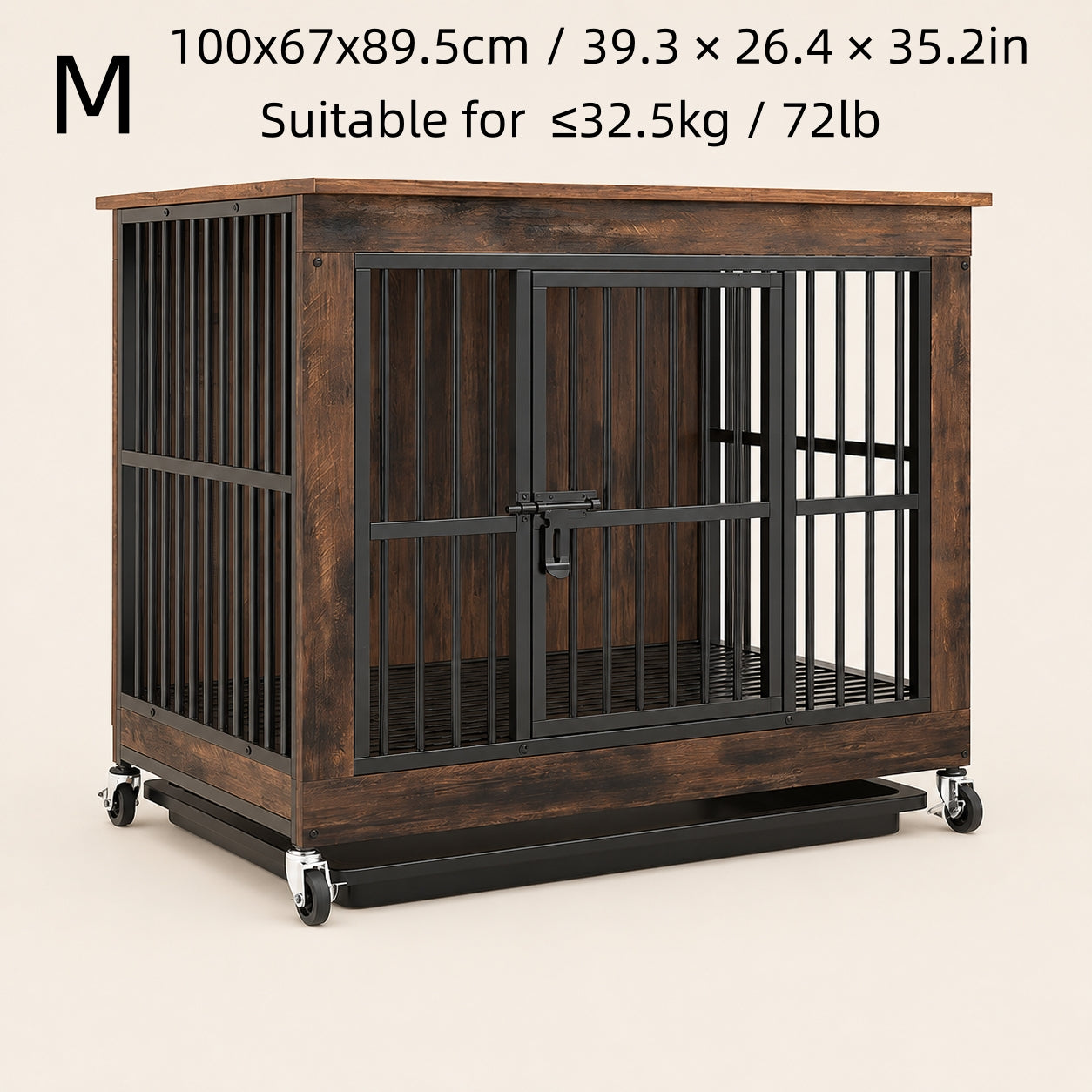 Wooden dog crate with a storage shelf on top and a litter tray