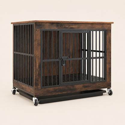 Wooden dog crate with a storage shelf on top and a litter tray