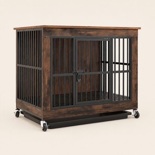 Wooden dog crate with a storage shelf on top and a litter tray