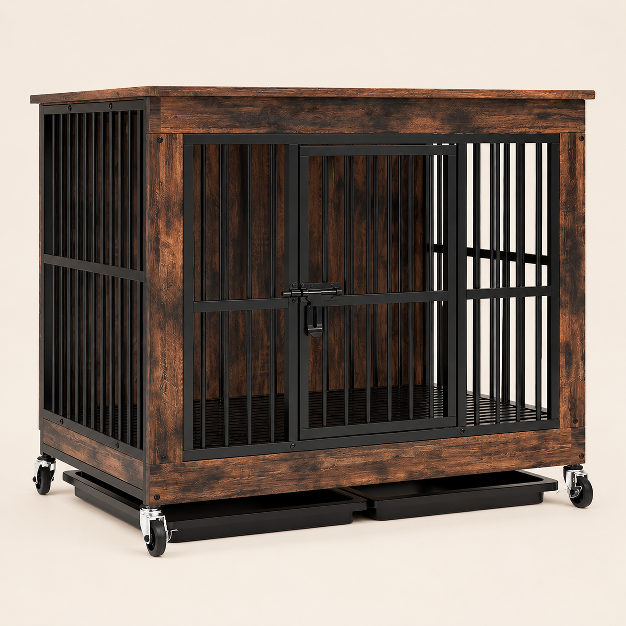Wooden dog crate with a storage shelf on top and a litter tray
