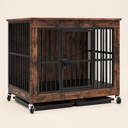 Wooden dog crate with a storage shelf on top and a litter tray