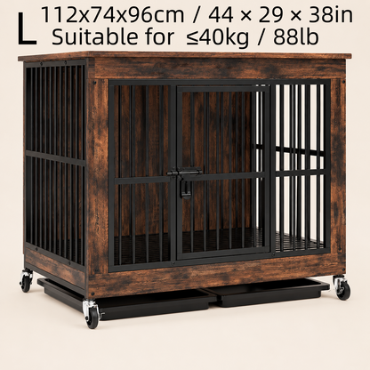 Wooden dog crate with a storage shelf on top and a litter tray