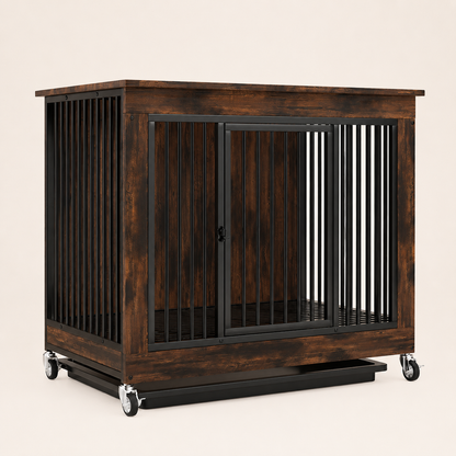 Wooden dog crate with a storage shelf on top and a litter tray