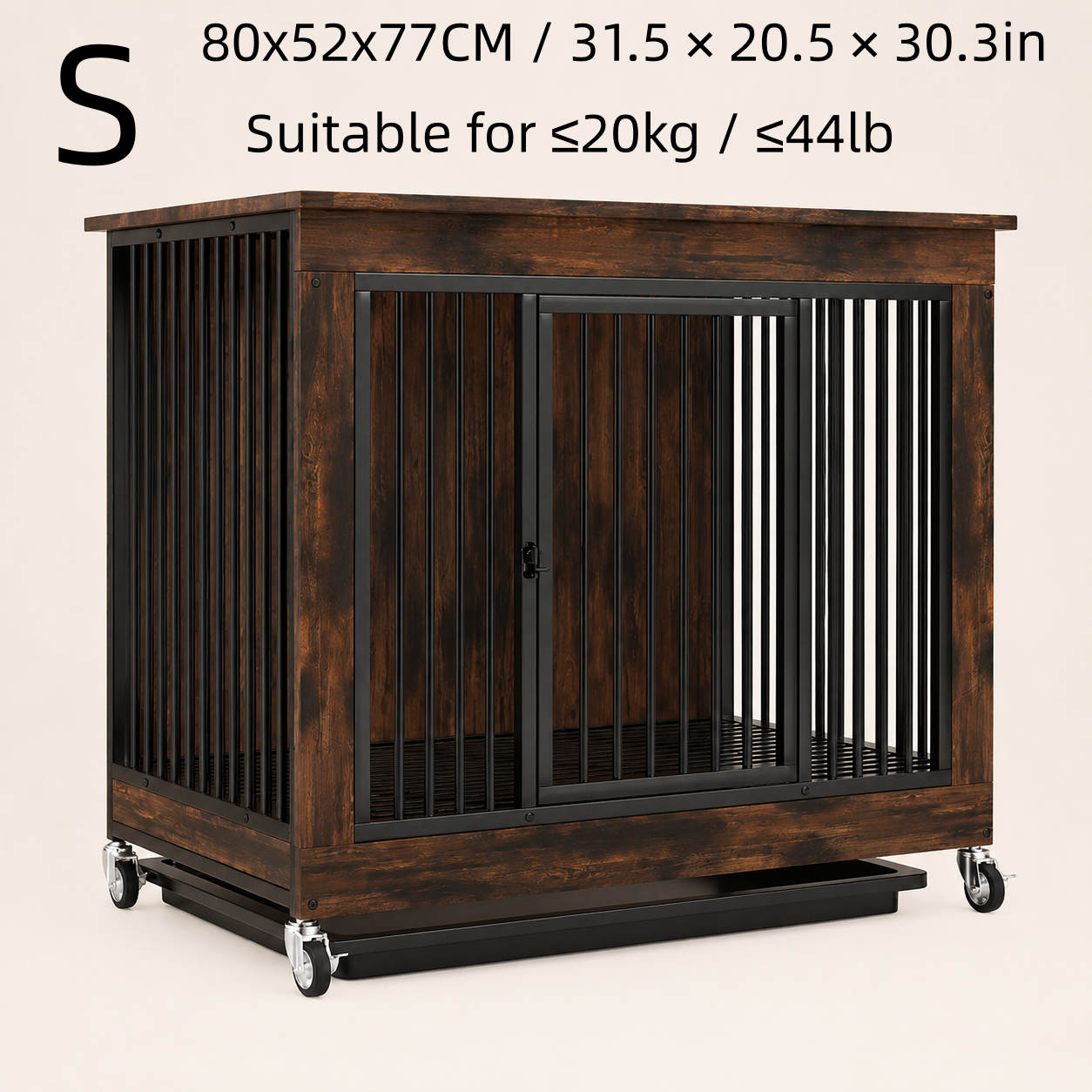 Wooden dog crate with a storage shelf on top and a litter tray
