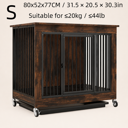 Wooden dog crate with a storage shelf on top and a litter tray
