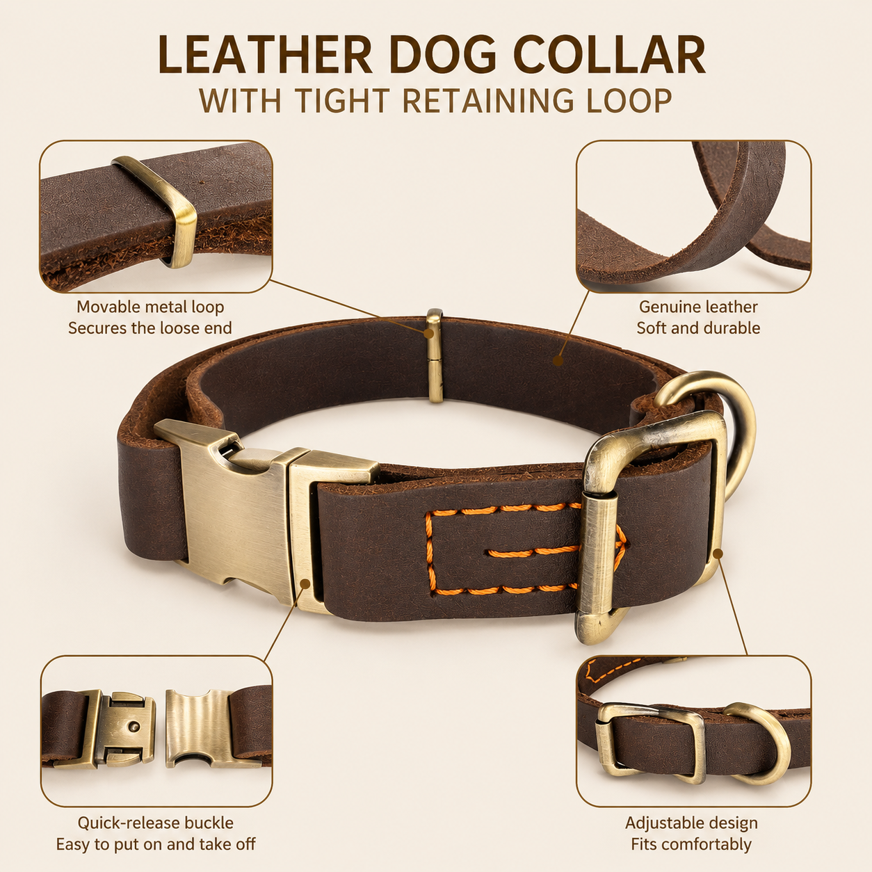 Cowhide Leather Dog Collar – Vintage Look, for All Breeds of Dogs.