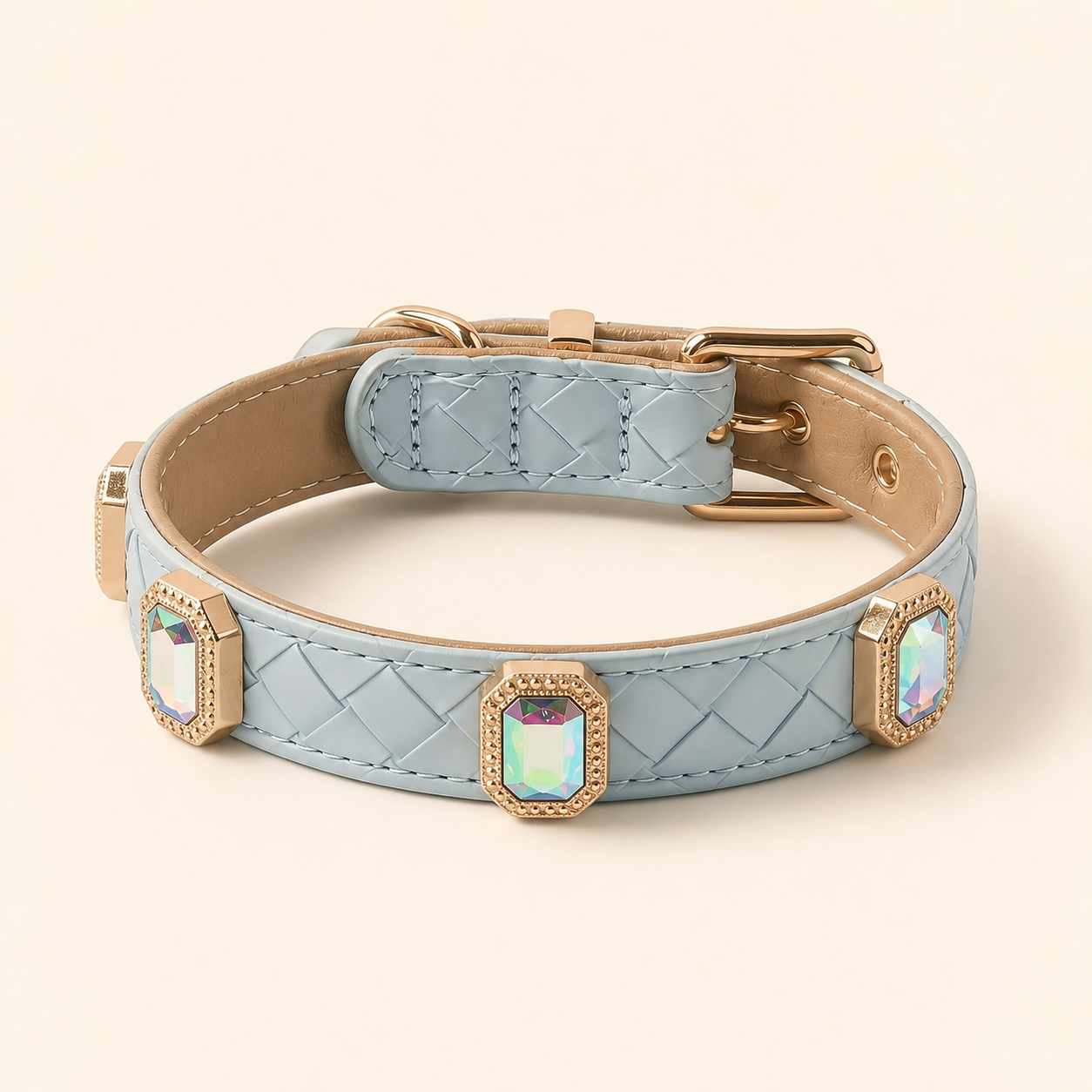 PU leather collar and leash, braided with rhinestone accents