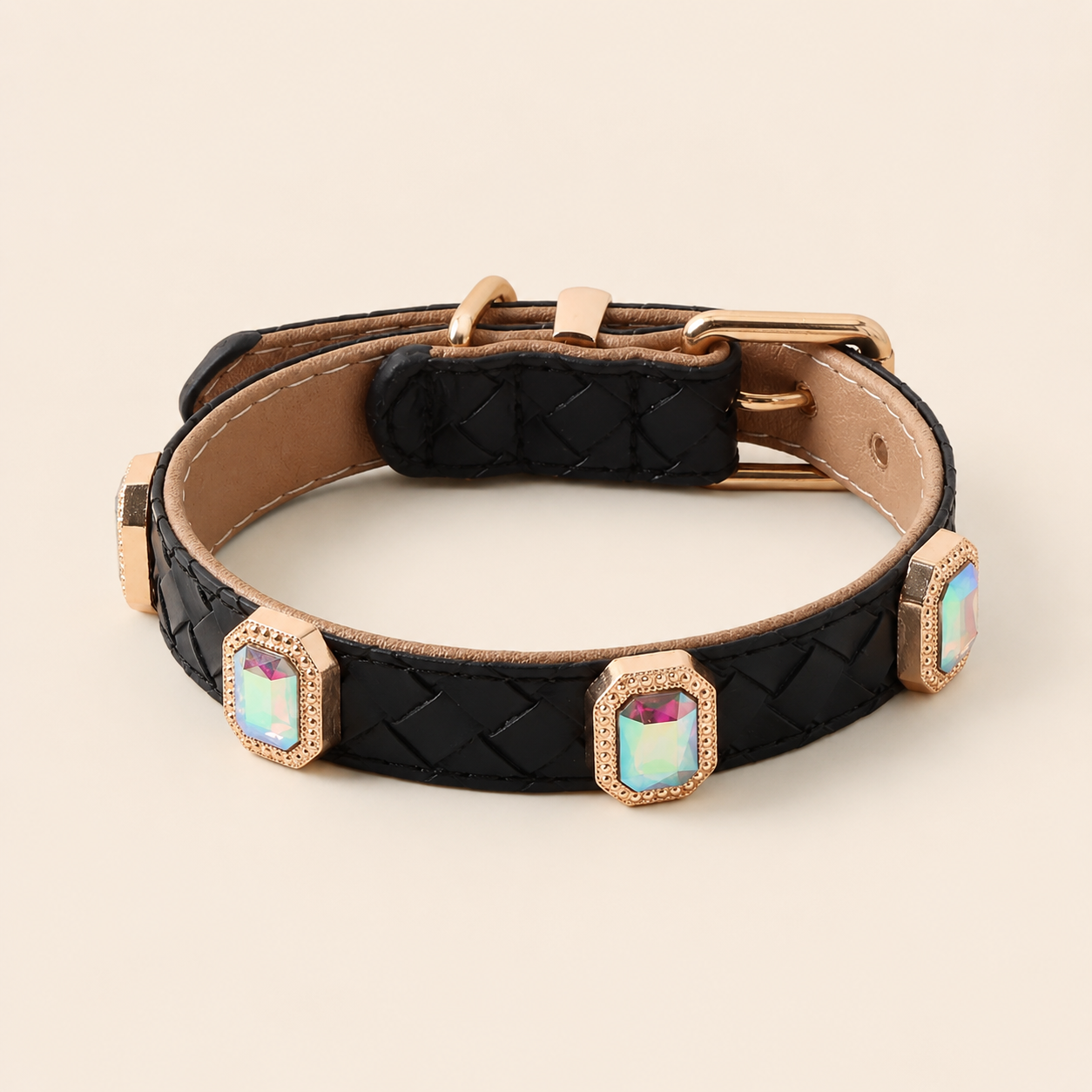PU leather collar and leash, braided with rhinestone accents