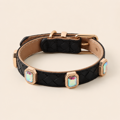 PU leather collar and leash, braided with rhinestone accents