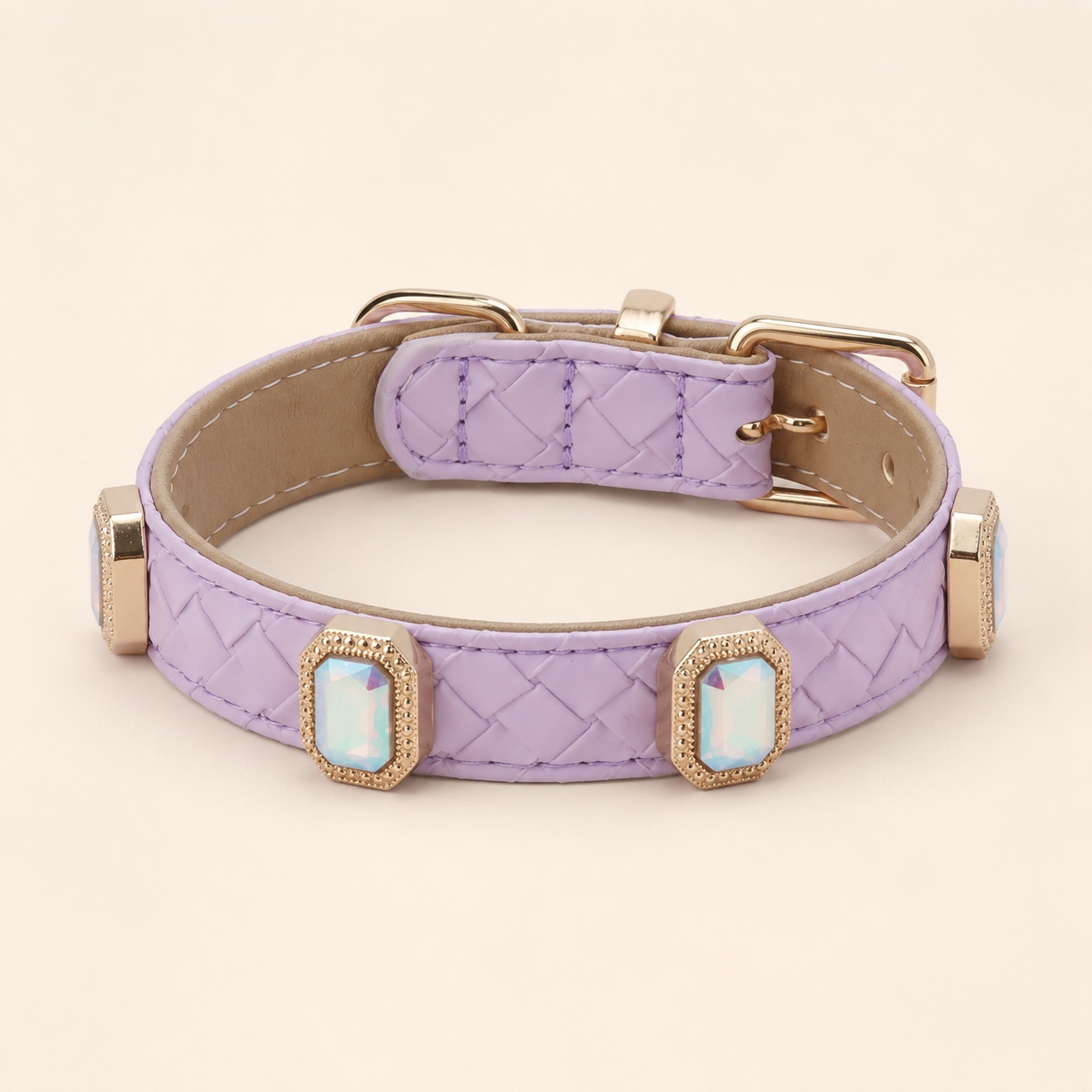 PU leather collar and leash, braided with rhinestone accents