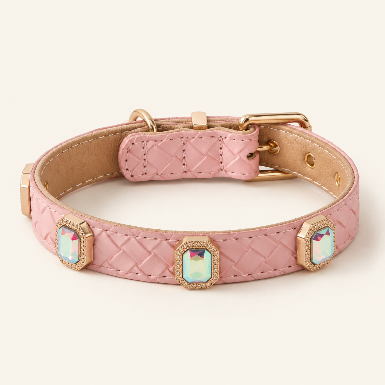 PU leather collar and leash, braided with rhinestone accents