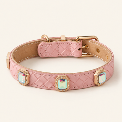PU leather collar and leash, braided with rhinestone accents