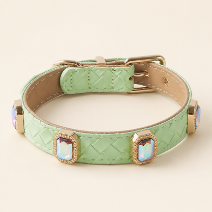 PU leather collar and leash, braided with rhinestone accents
