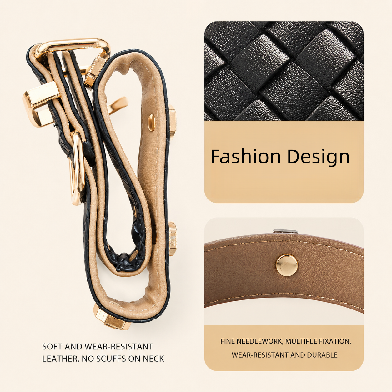 PU leather collar and leash, braided with rhinestone accents