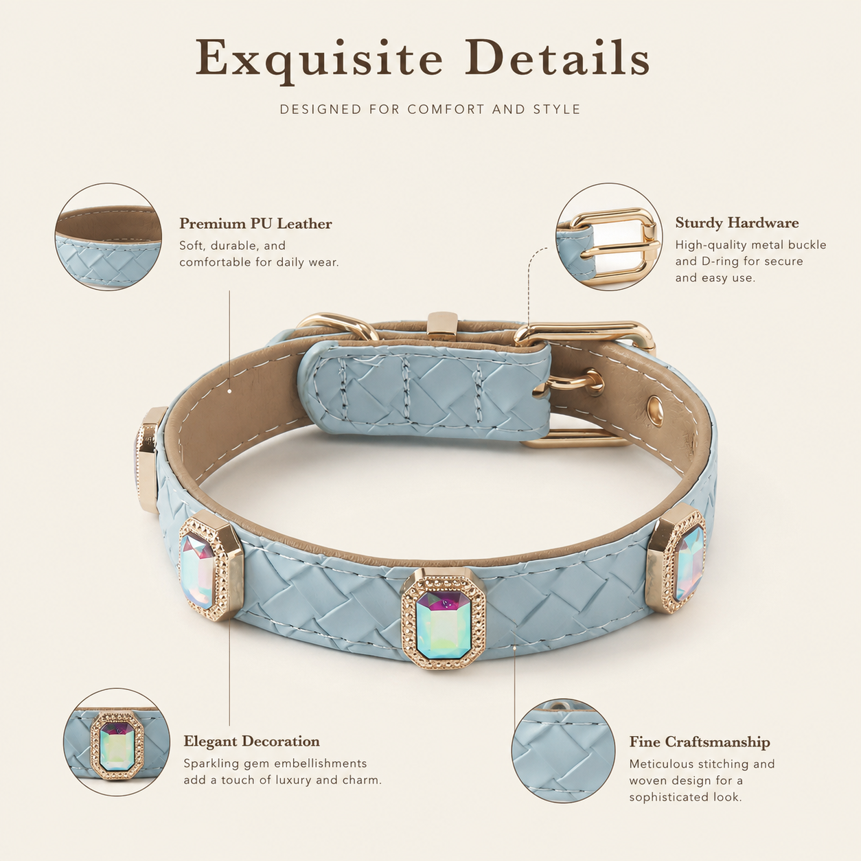 PU leather collar and leash, braided with rhinestone accents