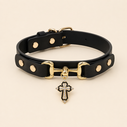 Gothic Cross Dog Collar – Black Leather Pendant Necklace for Small Medium Dogs, Religious Christian Pet Supplies，Punk Rock Dog Collar