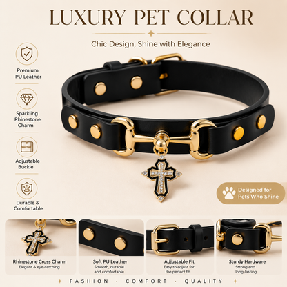 Gothic Cross Dog Collar – Black Leather Pendant Necklace for Small Medium Dogs, Religious Christian Pet Supplies，Punk Rock Dog Collar
