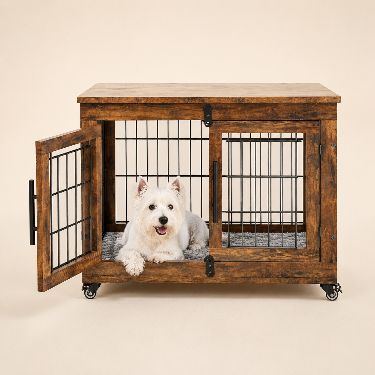Dog crate, double doors, with storage space on top