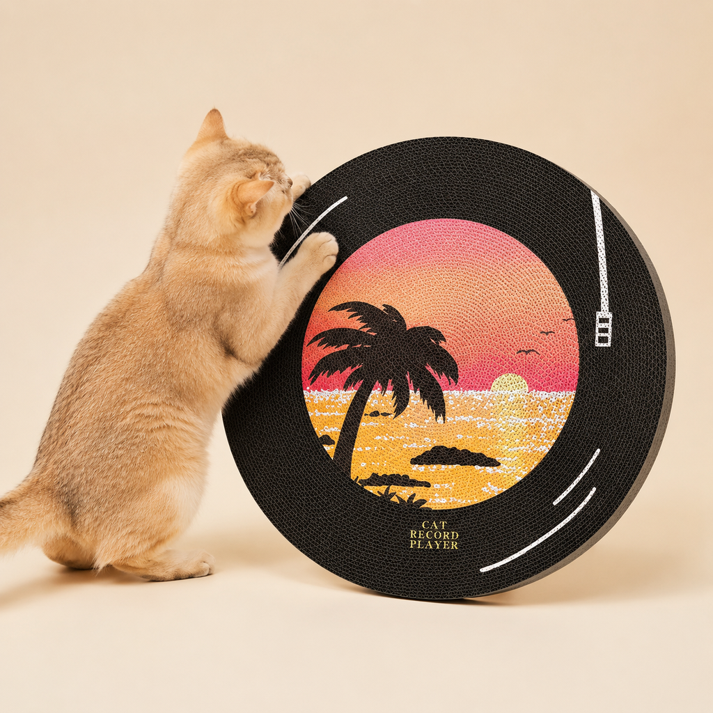 Record-themed cat scratcher, rotates 360 degrees, scratch-resistant and doesn't shed particles