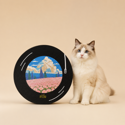 Record-themed cat scratcher, rotates 360 degrees, scratch-resistant and doesn't shed particles