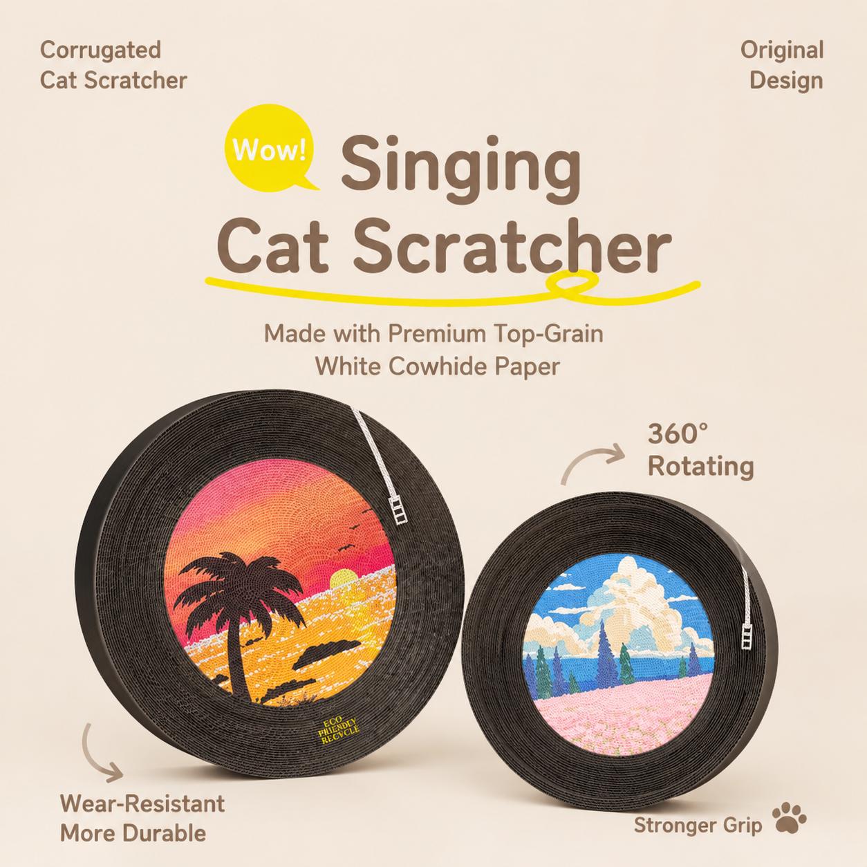 Record-themed cat scratcher, rotates 360 degrees, scratch-resistant and doesn't shed particles