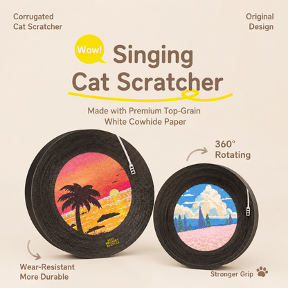Record-themed cat scratcher, rotates 360 degrees, scratch-resistant and doesn't shed particles