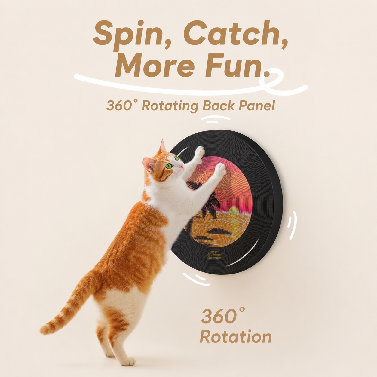 Record-themed cat scratcher, rotates 360 degrees, scratch-resistant and doesn't shed particles