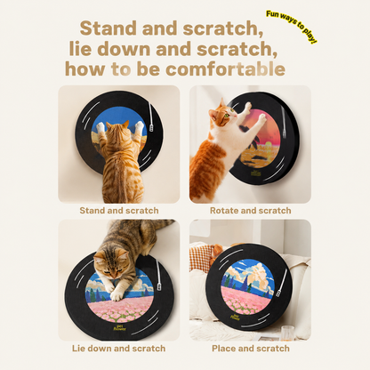 Record-themed cat scratcher, rotates 360 degrees, scratch-resistant and doesn't shed particles